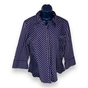 LARGE VINTAGE TANGENTS PINK BLACK STRIPED STRETCH BLOUSE BUTTON FRONT